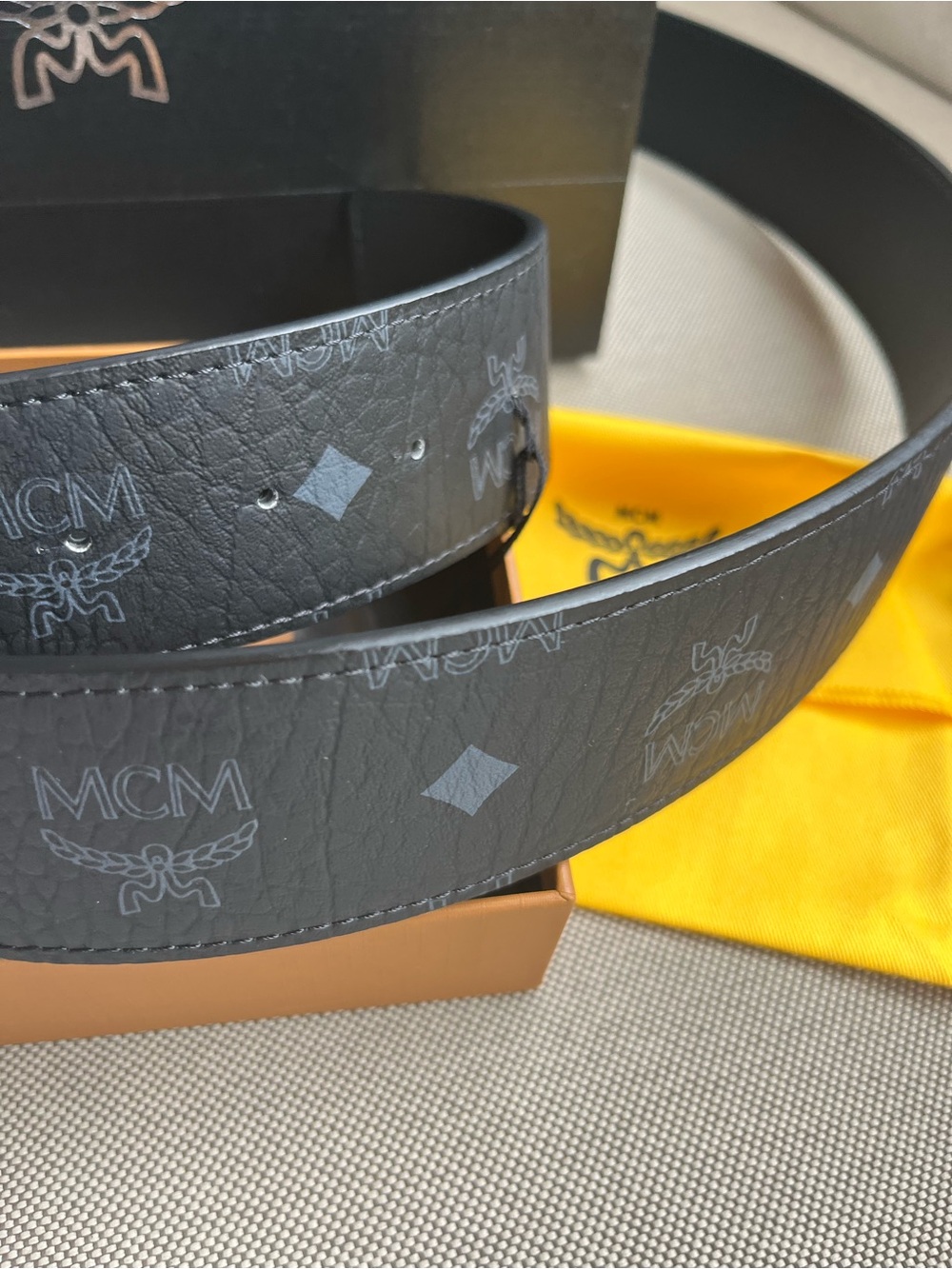 MCM Black Logo-Print Leather Belt with Silver 'M' Buckle 💯 authentic - Picture 3 of 10